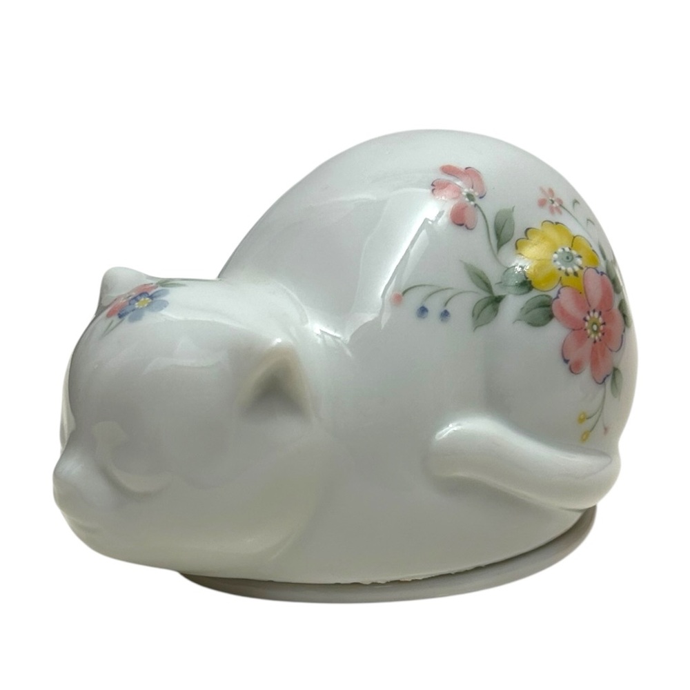 Vintage Porcelain Sleeping Cat & Floral Trinket Box